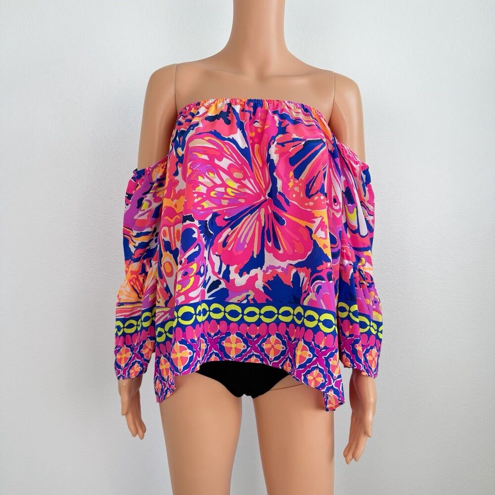Lilly Pulitzer Sanilla Silk Top Pink Fusion Off Shoulder Blouse